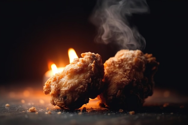 Жареный цыпленок на гриле с дымом, выходящим из него