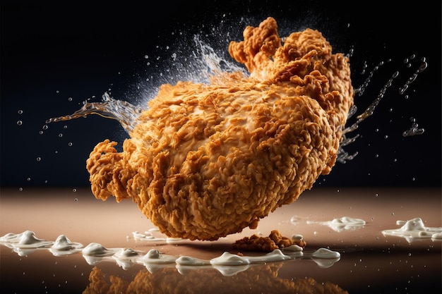 A fried chicken is falling into a bowl of milk.