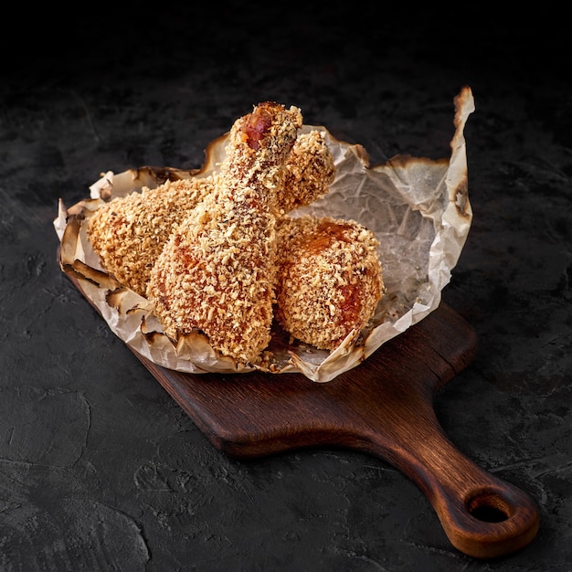 Fried chicken leg breaded on a black background. menu