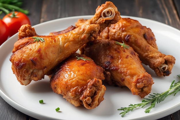 Fried chicken legs on a white plate