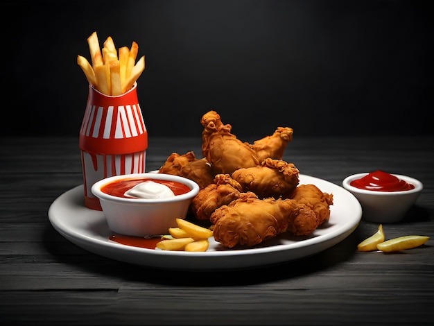 Fried chicken legs with french fries and ketchup on wooden table