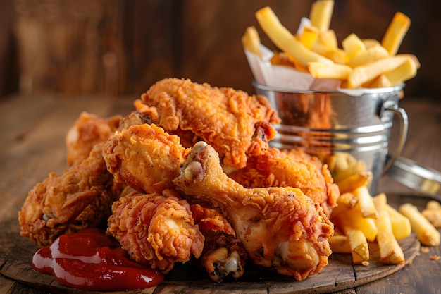 fried chicken legs with french fries and sauce on a wooden background