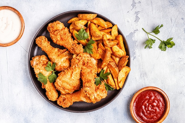 Fried chicken legs with potatoes. Top view