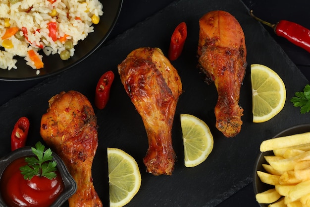 Fried chicken legs with rice and lemon A tasty and hearty lunch Hearty food