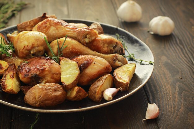 Fried chicken legs with spices and fried potatoes in a plate on the wooden table close up.