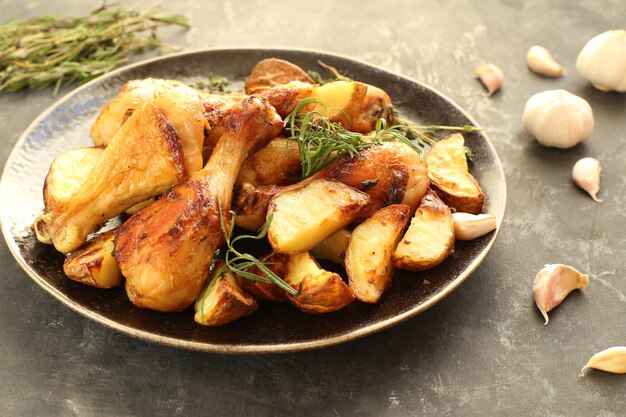 Fried chicken legs with spices and fried potatoes in a plate on the wooden table close up.