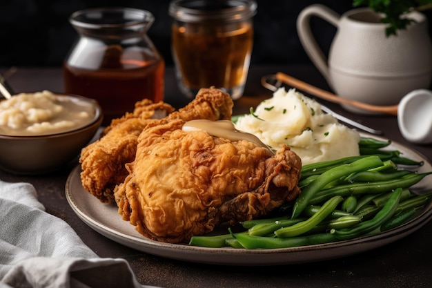 Fried chicken mashed potatoes gravy and green beans on plate created with generative ai