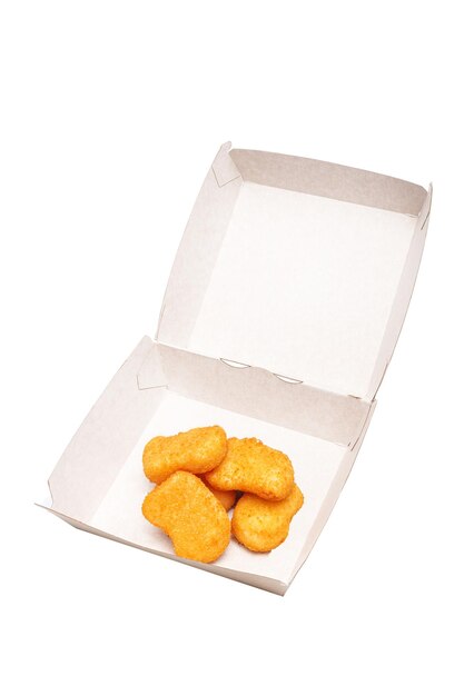 fried chicken nuggets in a cardboard package, on a white isolated background, top and side