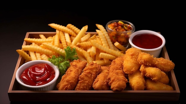 Fried chicken nuggets with french fries ketchup and mayonnaise