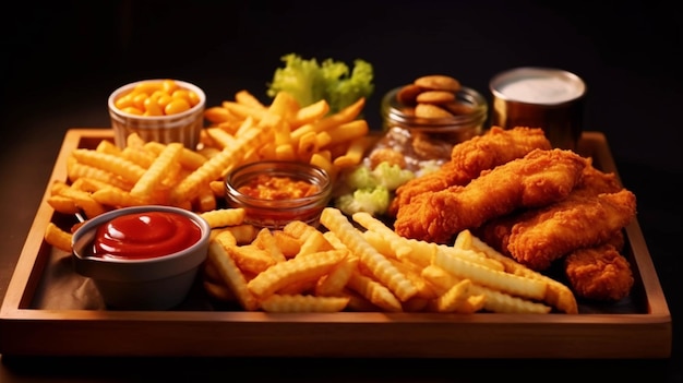 Photo fried chicken nuggets with french fries ketchup and mayonnaise