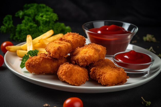 fried chicken nuggets with french fries and ketchup on wooden table