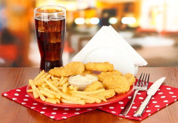 Foto nuggets di pollo fritto con friescola francese e salsa sul tavolo in un caffè