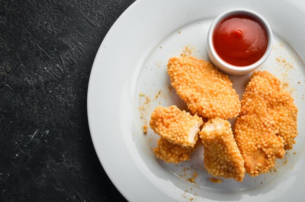 Fried chicken nuggets with ketchup sauce on a plate Top view