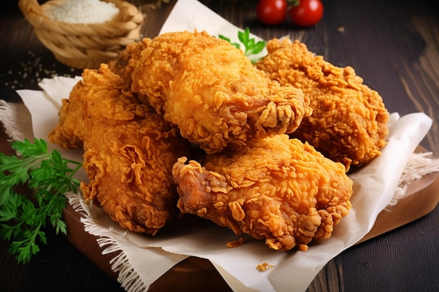 Fried Chicken Op een houten tafel staat een mandje met gebakken kip