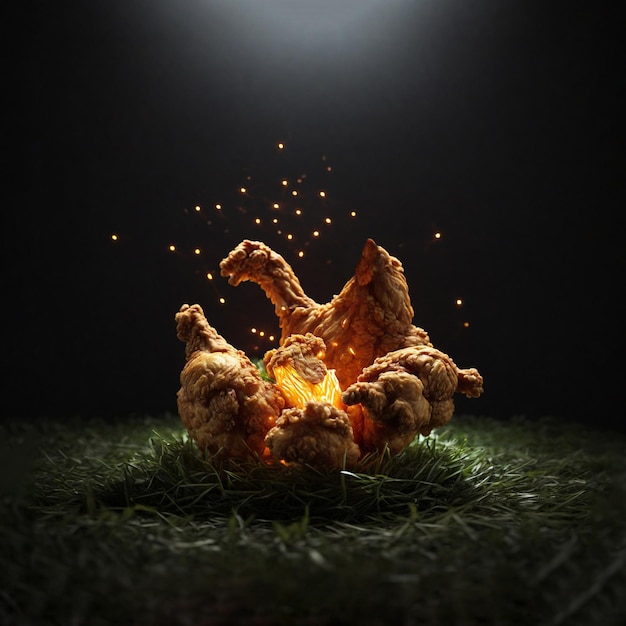 кусок жареной курицы, светящийся в центре над куском травы на темном фоне