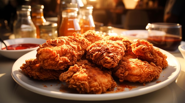 Foto pollo fritto su una vista del primo piano del piatto