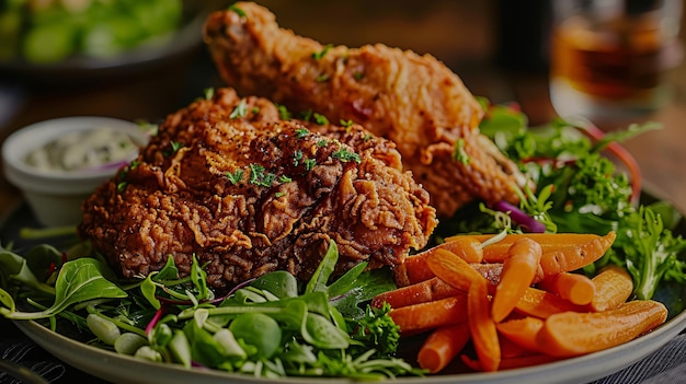 Fried chicken plated alongside fresh salad and carrots