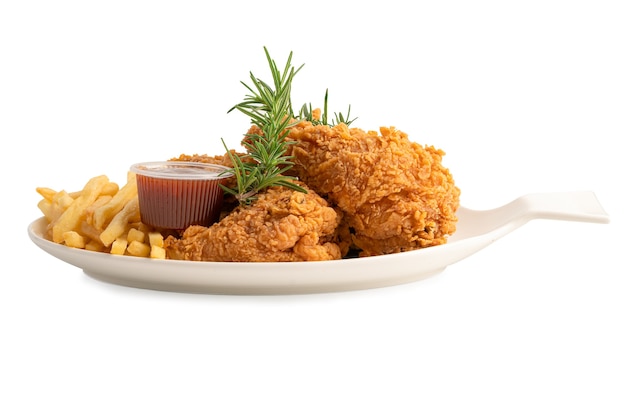 Fried chicken and potato chip with rosemary leaf Junk food high calorie served on white plate