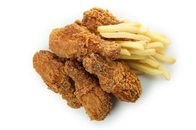 Fried chicken and potato isolated on white background