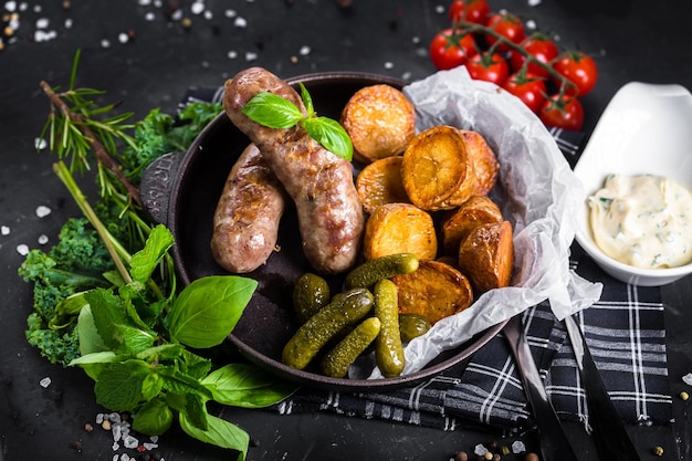 Fried chicken sausages on a metal dish, a frying pan with herbs and Idaho fries, cherry tomatoes