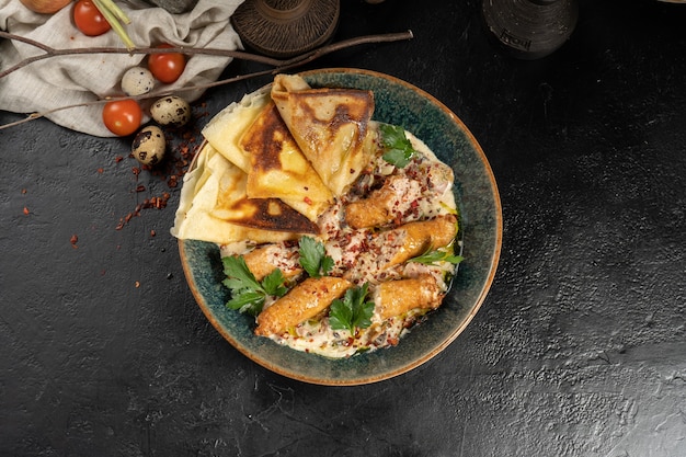 Fried chicken sausages with mushroom sponge made of champignons and pancakes