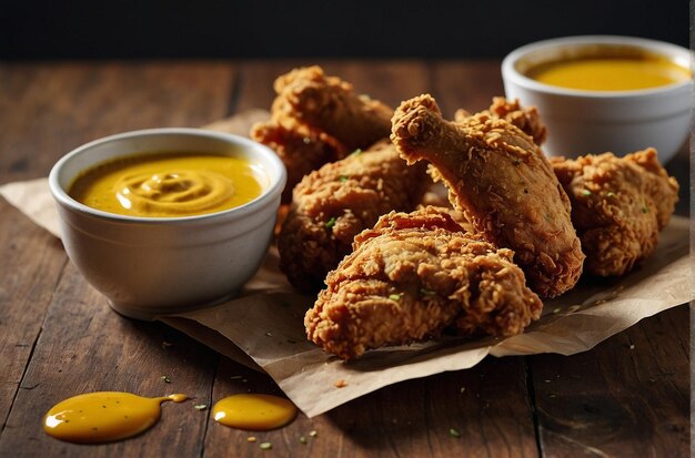 Fried chicken served with a side of tangy mustard dipp