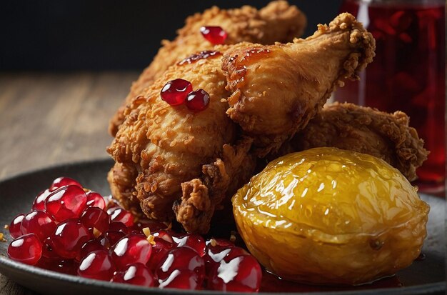 Fried chicken served with a side of tangy pomegranate