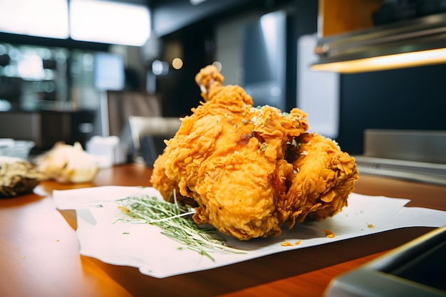A fried chicken sits on a plate with a green leaf on it.