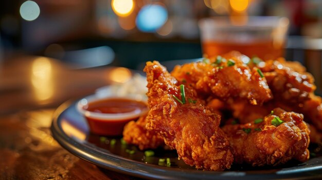 Premium Photo Fried Chicken Tenders Platter against modern cafe