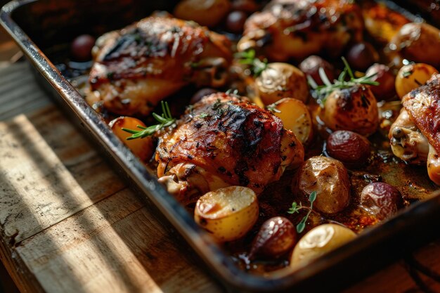 Foto cosce di pollo fritte e patate nel forno su un vassoio su un tavolo di legno