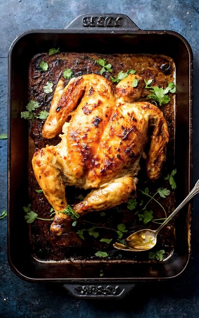 Fried chicken or turkey in a dark baking tray topdown view