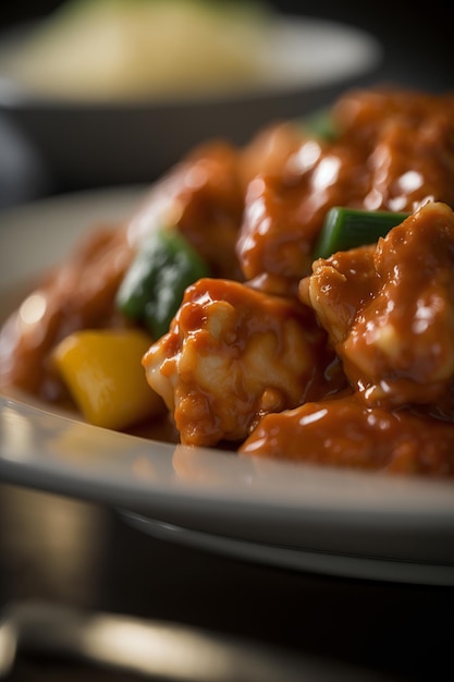 Fried chicken and vegetables in sauce with sesame