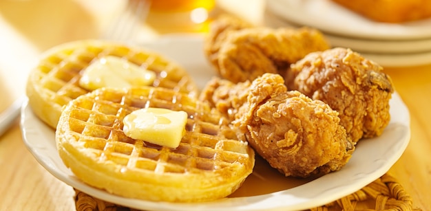 Fried chicken and waffles on a plate