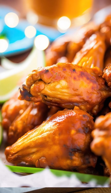 Fried chicken wings with celery sticks and blue cheese dip, close up