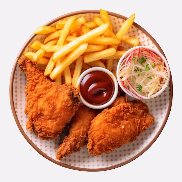 Photo fried chicken wings with french fries and ketchup on white background