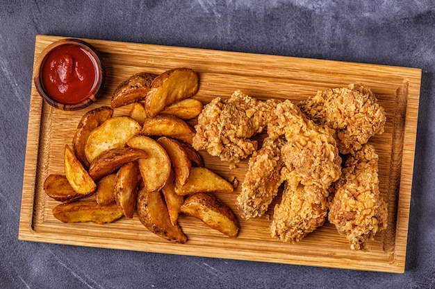 Fried chicken wings with fried potato slices, top view.