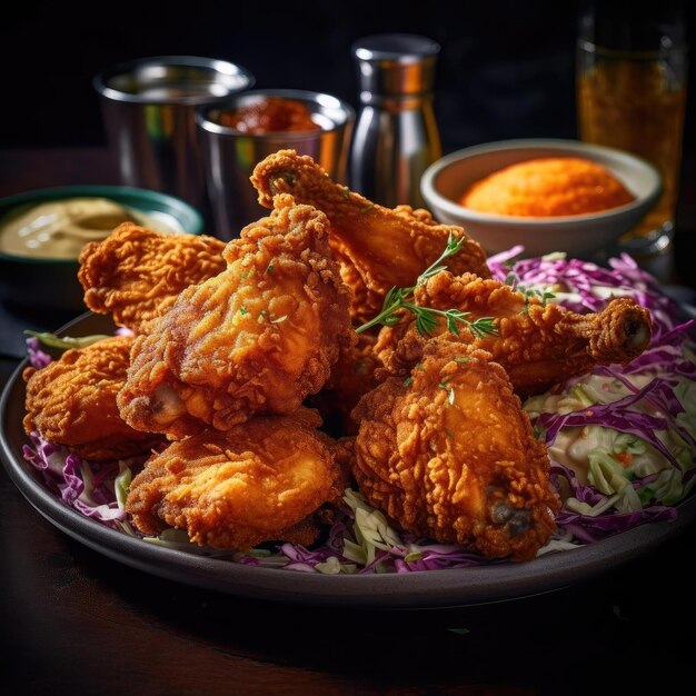 Fried chicken wings with sauce and coleslaw on dark background