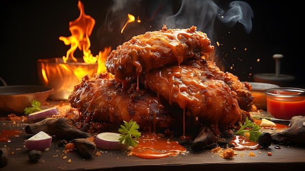 Fried chicken wings with sauce and lemon on a wooden table