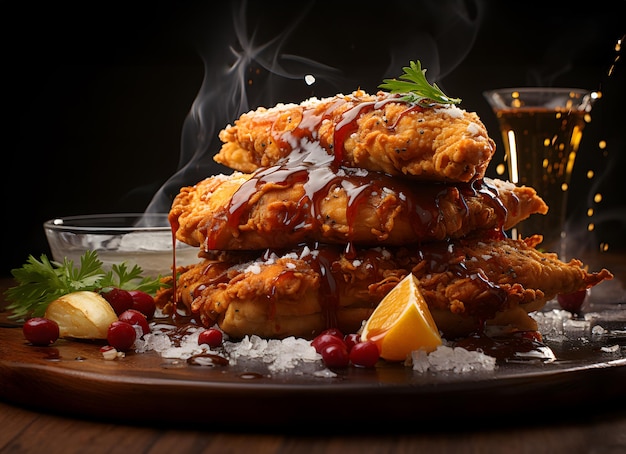 Fried chicken wings with sauce and lemon on a wooden table