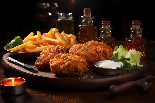 Fried chicken wings with sesame seeds on a wooden plate