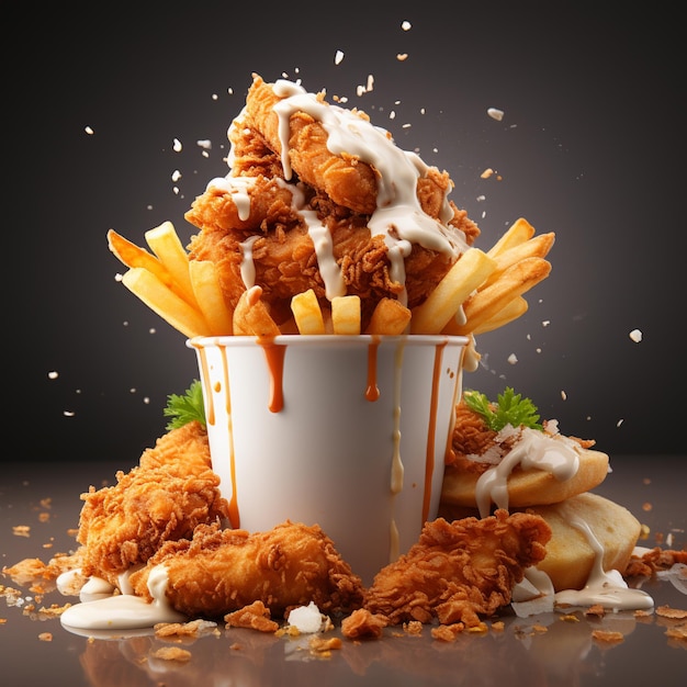 Fried Chicken with Crumbs in Paper Bucket Falling isolated on white background