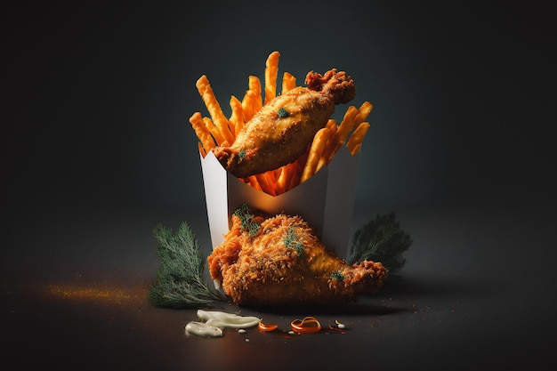 fried chicken with french fries, fire smoke in dark background