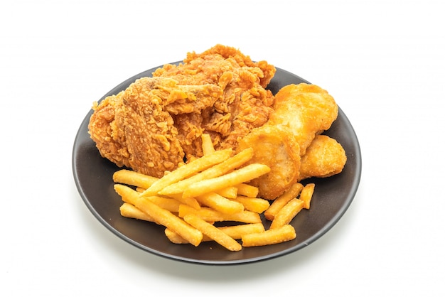 Photo fried chicken with french fries and nuggets meal (junk food and unhealthy food)