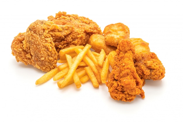 fried chicken with french fries and nuggets meal (junk food and unhealthy food)