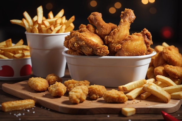 Fried chicken with french fries and nuggets meal junk food and unhealthy food