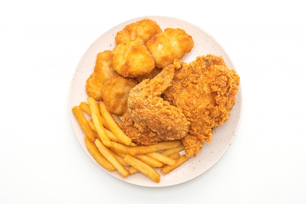 fried chicken with french fries and nuggets meal 