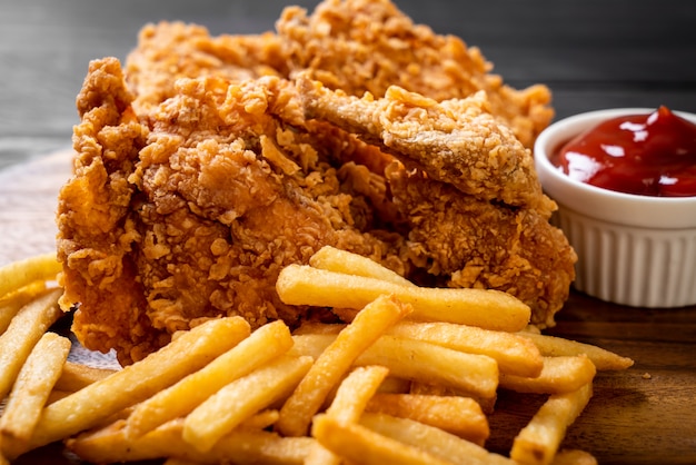 fried chicken with french fries and nuggets meal