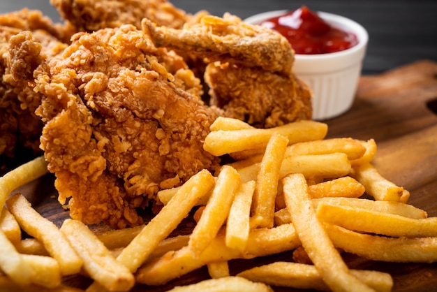 fried chicken with french fries and nuggets meal