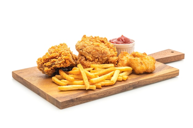 fried chicken with french fries and nuggets