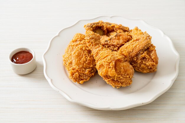 Photo fried chicken with ketchup on plate